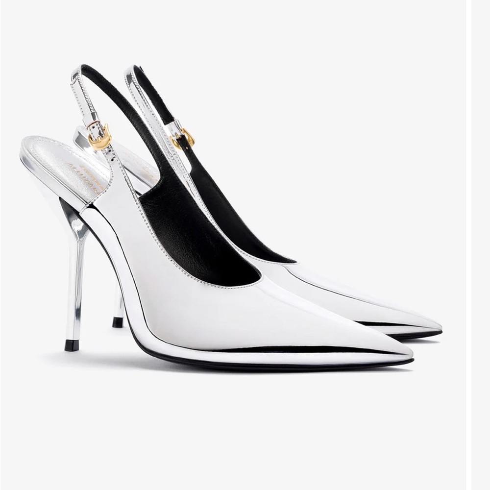 Larroudé Metallic Silver Pointed-Toe Slingback Stiletto Heels